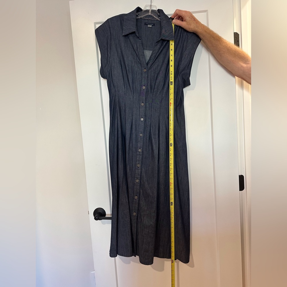TH chambray denim dress is MIDI-Length (47” from shoulder to hem) and fitted!
